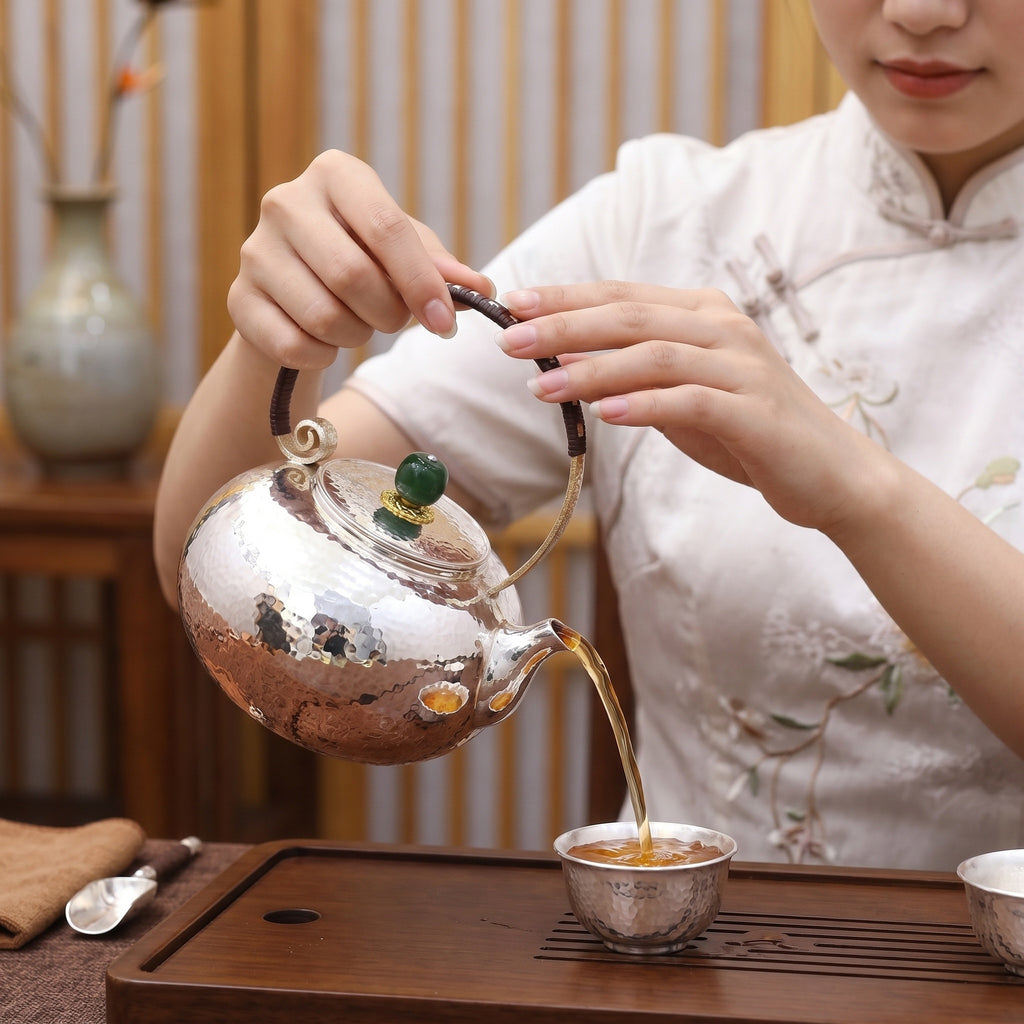 925 Sterling Silver Elegant Hammered Metal Teapot with Two-Tone Finish and Woven Handle-Fine large teapot - Handicraft
