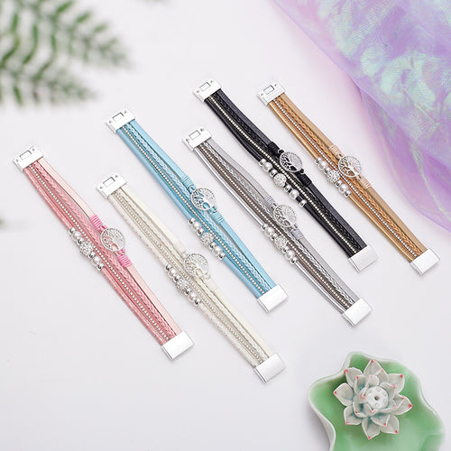 Pulsera de cuero PU trenzado multicapa con cuentas perforadas y cierre magnético