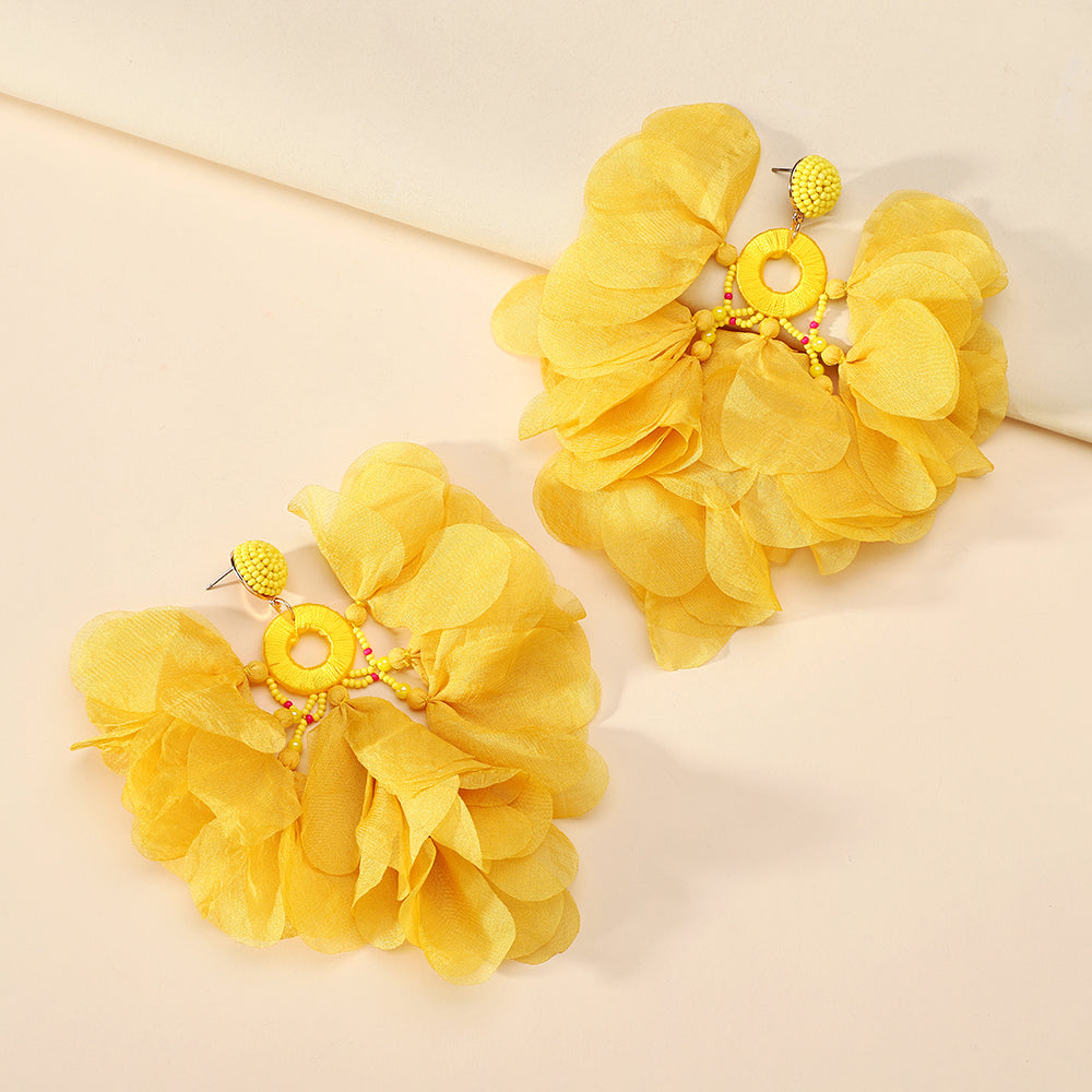 Handgefertigte böhmische Perlen-Chiffon-Blumen-Quastenohrringe für Damen Tropischer Urlaub Statement-Schmuck
