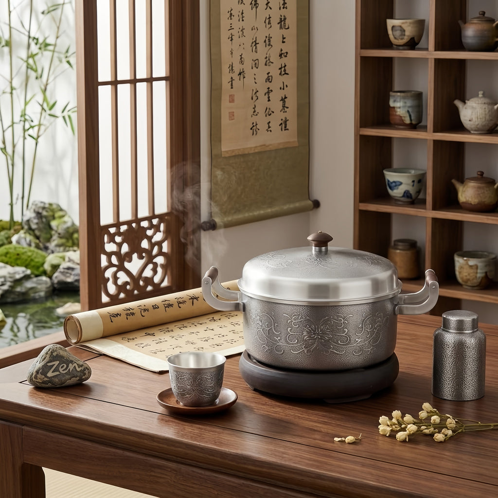 Pure 999 Fine Silver Elegant Floral Engraved Silver Casserole Pot with Wooden Handle Accents - Handicraft