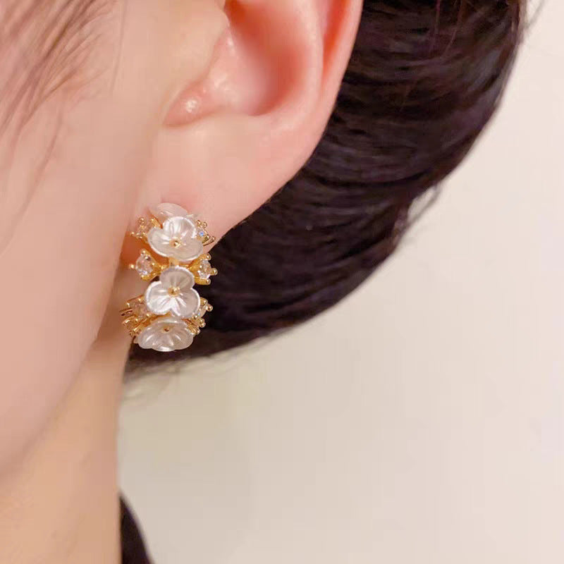 Fresh And Chic C Shaped Earrings With Diamond Encrusted Flowers For Women