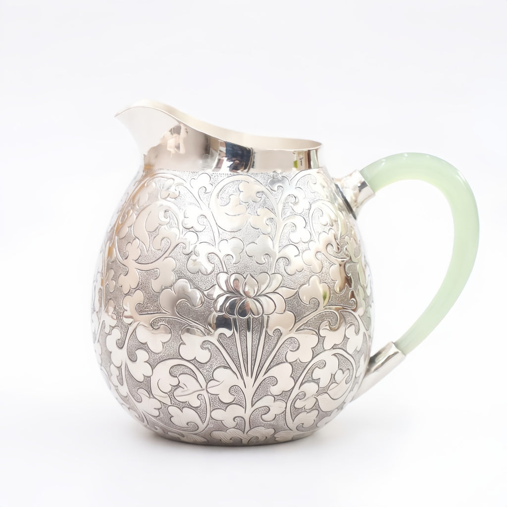 Pure 999 Fine Silver Elegant Ornate Silver Floral Engraved Pitcher Featuring a Delicate Pale Green Handle - Handicraft
