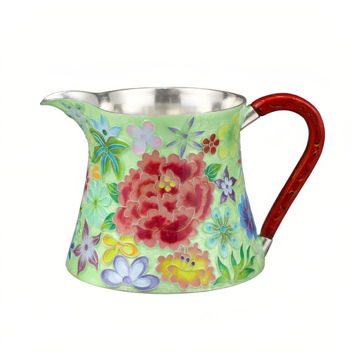 Edle Kanne aus reinem 999er Feinsilber mit handbemalter Emaille, Blumenmotiv und rotem Henkel – Kunsthandwerk