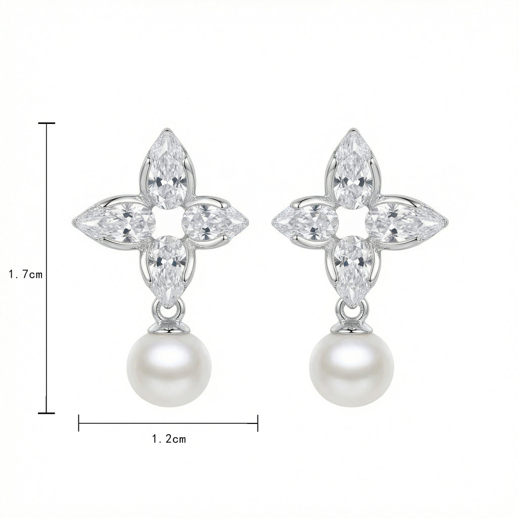 925 Sterling Silver Elegant Floral Marquise Cluster Pearl Drop Earrings