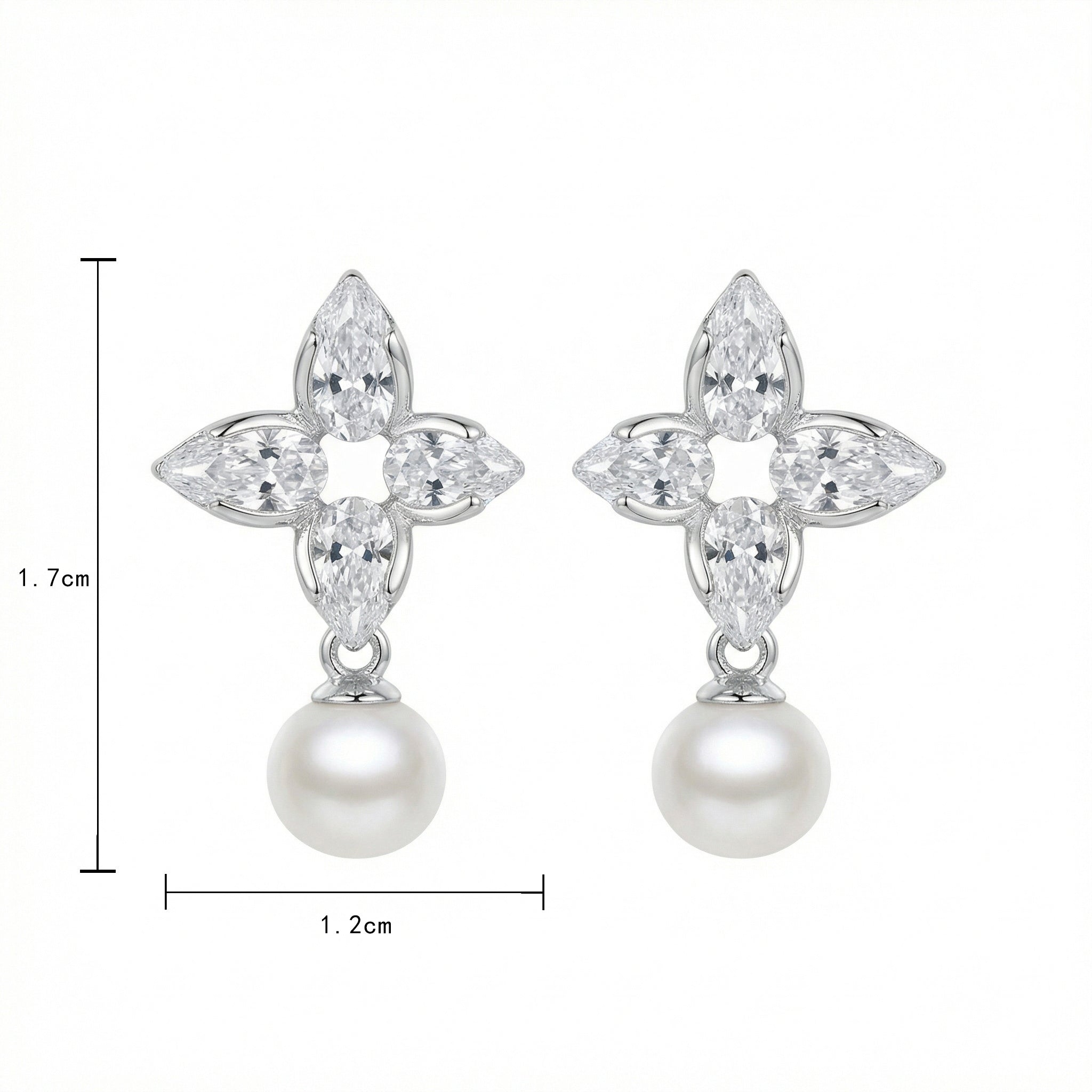 925 Sterling Silver Elegant Floral Marquise Cluster Pearl Drop Earrings