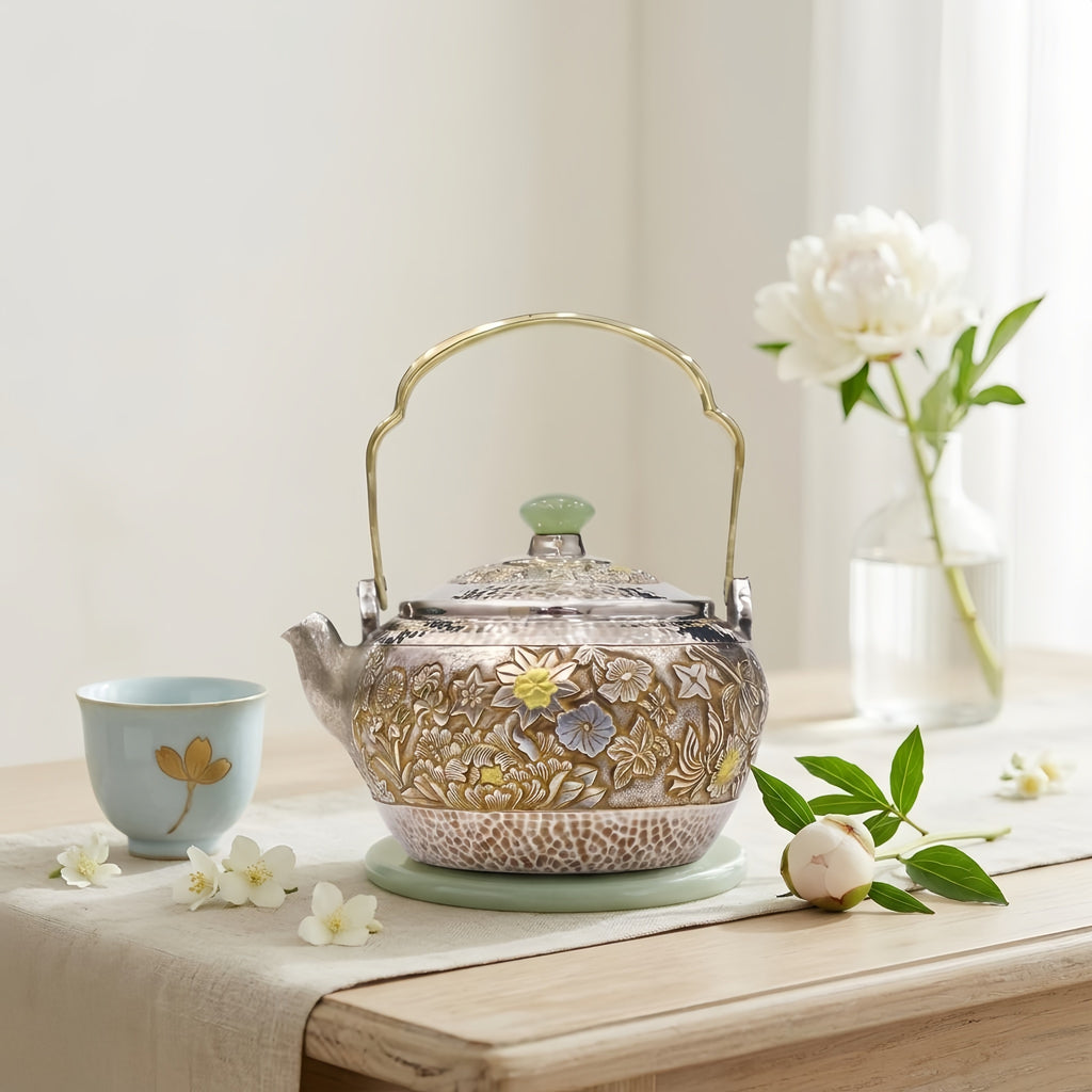 925 Sterling Silver Handcrafted Ornate Metal Teapot Featuring Jade Finial and Intricate Floral Carvings - Handicraft
