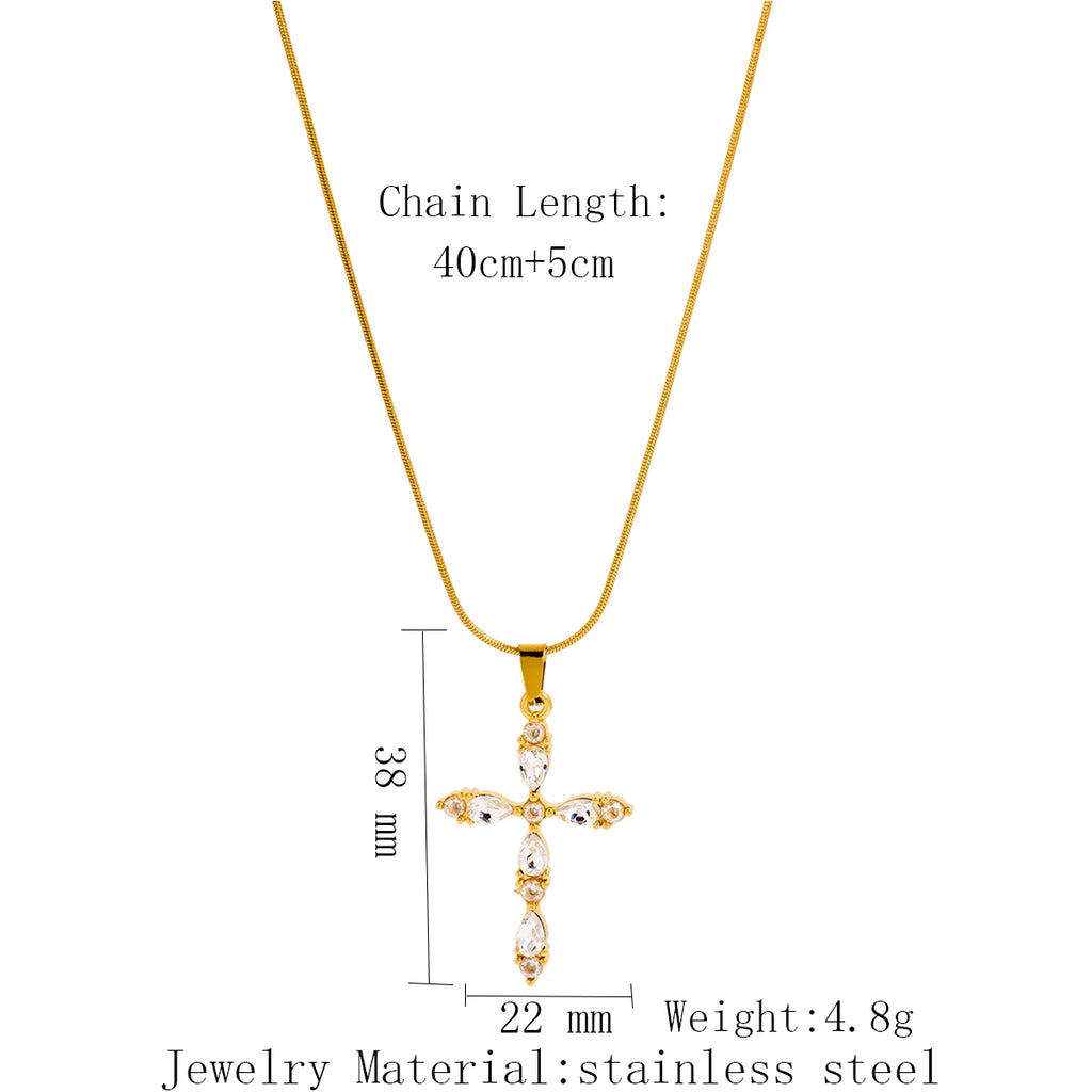 Stainless Steel Cross Pendant Necklace With Colored Zircon Snake Bone Chain