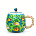 Pure 999 Fine Silver Vibrant Blue Enamel Lotus Flower Mug with Rattan Handle and Jeweled Lid - Handicraft