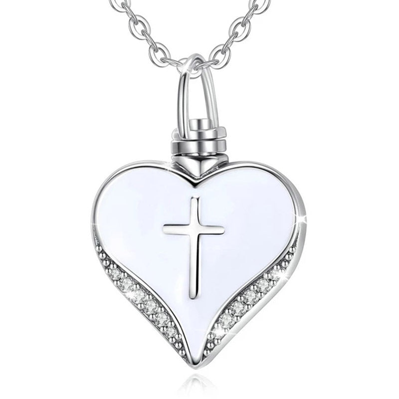 Cross Diamond Heart-Shaped Cremation Necklace