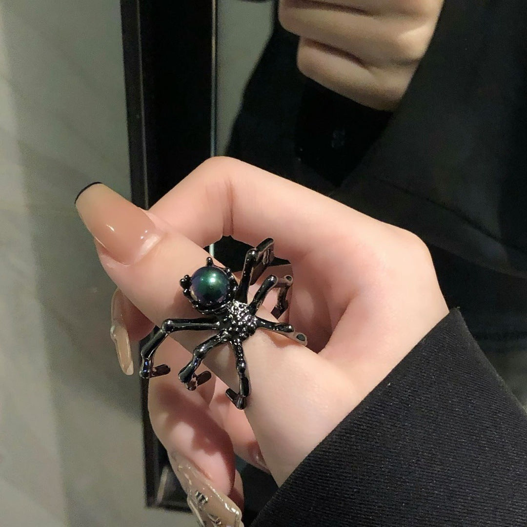 Dunkler Punk-Spinnenring mit Mondstein, einzigartiges Design im Ins-Stil, minimalistischer Metallring in kühlen Farbtönen, verstellbar, offen
