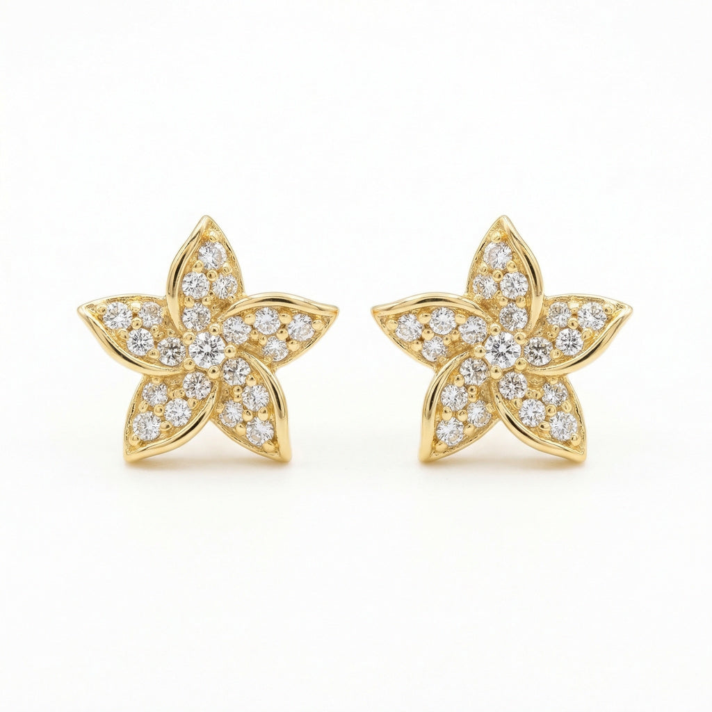 925 Sterling Silver Sparkling Floral Diamond Stud Earrings with Polished Finish