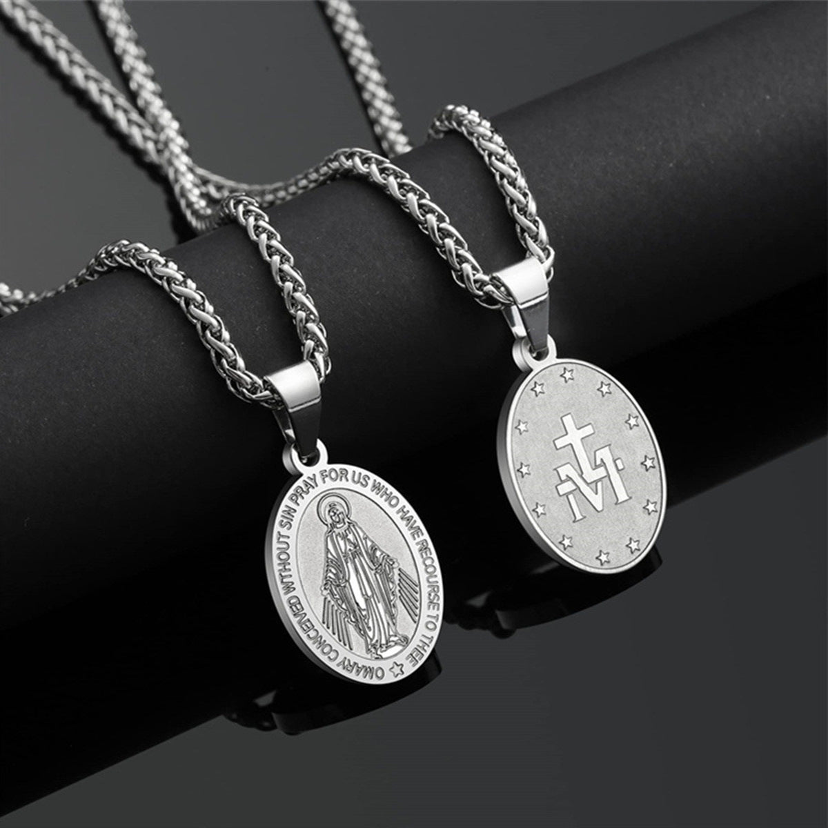 Double-Sided Portrait Medal Cross Stainless Steel Pendant Necklace For Men And Women