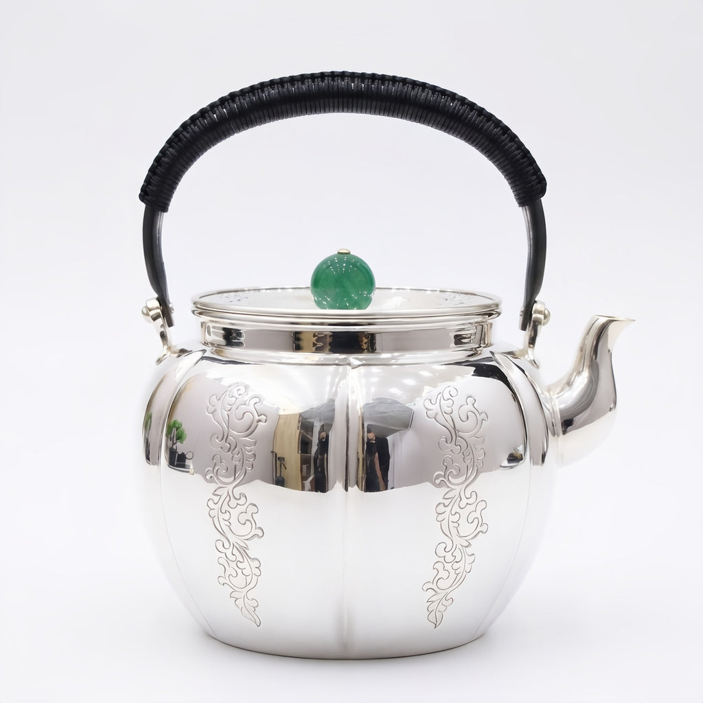 Pure 999 Fine Silver Elegant Silver Teapot with Green Jade Finial and Woven Black Handle - Handicraft