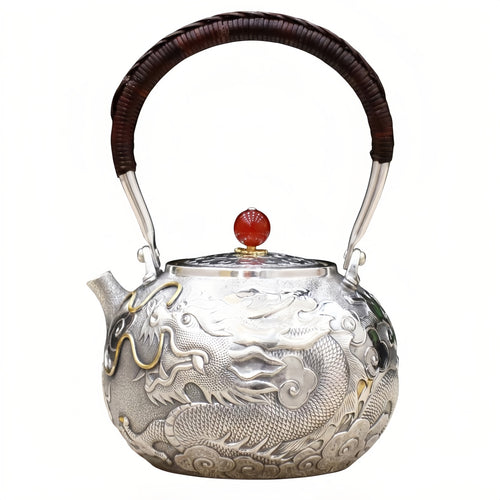 Reine 999er Feinsilber exquisite Silber Teekanne mit handgefertigtem Drachenrelief und purpurrotem Stein-Knauf – Kunsthandwerk