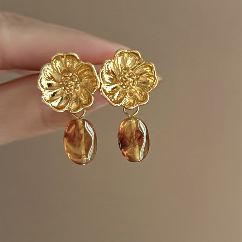 Vintage Bernsteinharz Gold Creolen für Damen, Trendige 2026 Maillard-Stil Chunky Gold & Braun Harz C-förmige Creolen, Leichter Modeschmuck