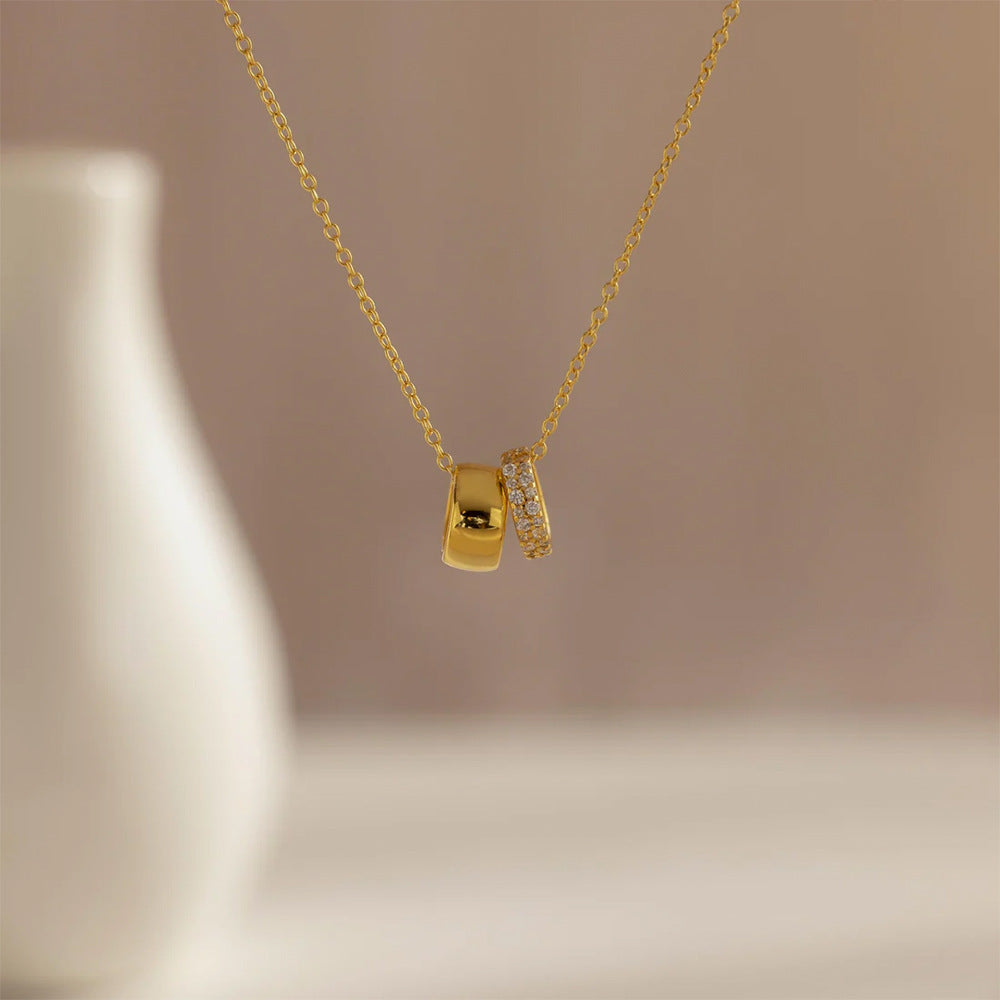 14k Wide-Frame Round Hoop Dual-Pendant Versatile Necklace