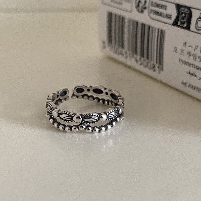 Vintage 925er Silber ineinandergreifender Ketten-Manschettenring, minimalistischer verstellbarer offener Bandring, koreanischer Modeschmuck