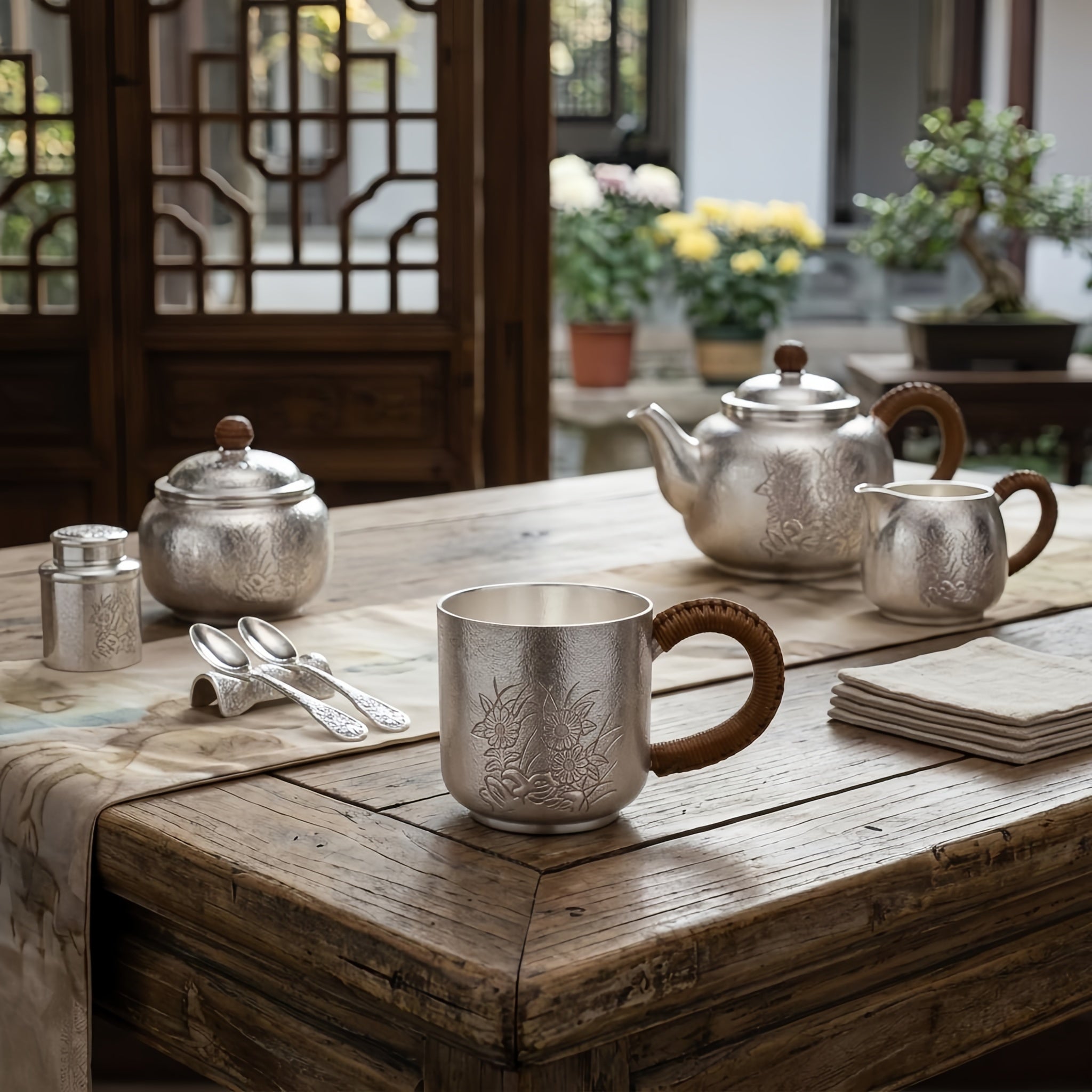 925 Sterling Silver Elegant Silver Tea Cup with Embossed Floral Design and Woven Rattan Handle - Handicraft