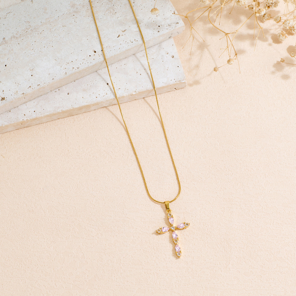 Stainless Steel Cross Pendant Necklace With Colored Zircon Snake Bone Chain