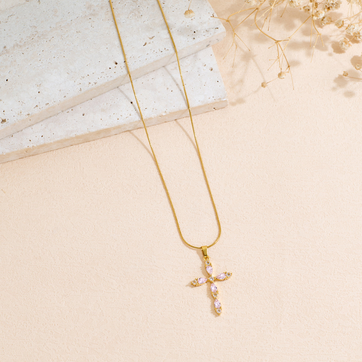 Stainless Steel Cross Pendant Necklace With Colored Zircon Snake Bone Chain