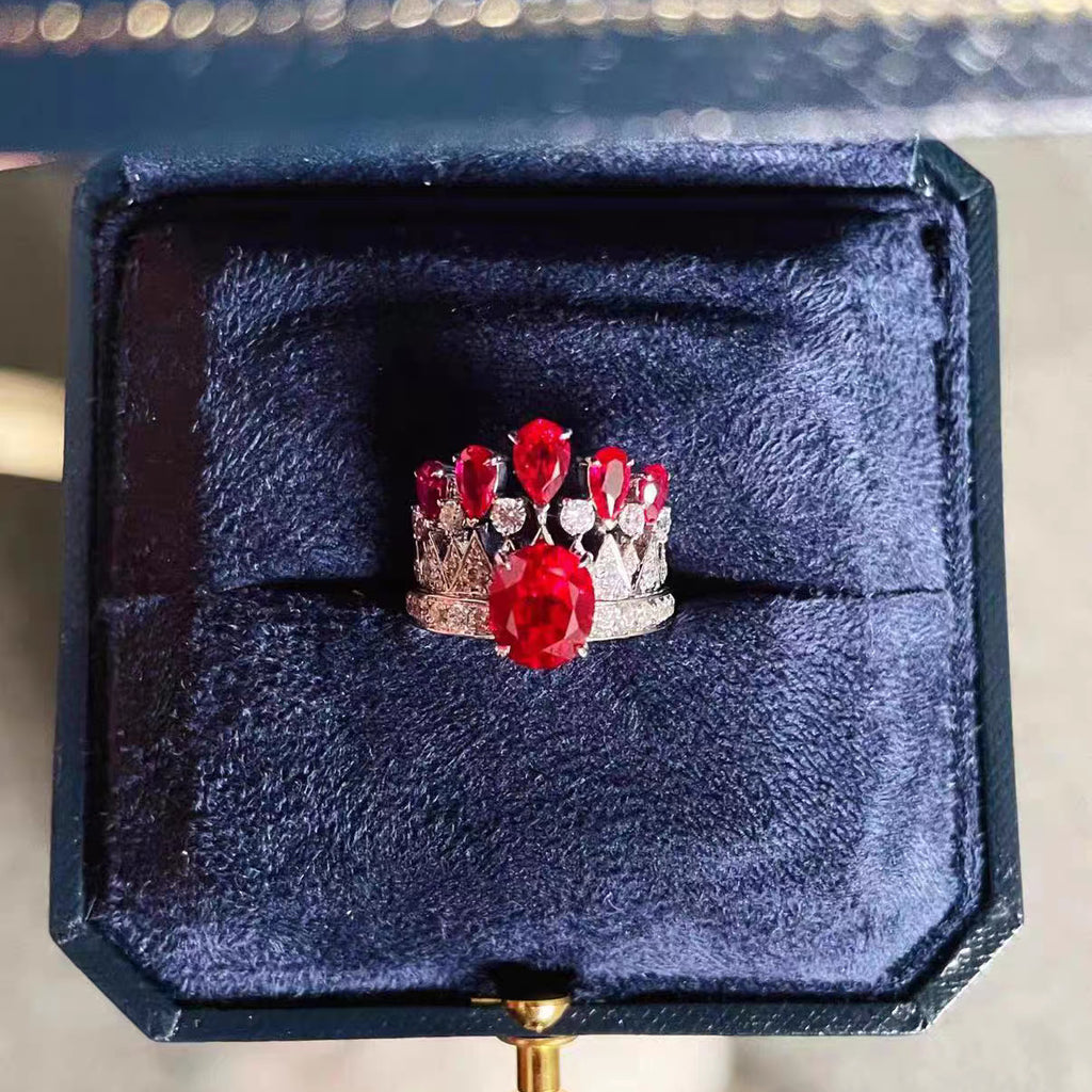Retro Ruby Crown Ring And Earrings Light Luxury Jewelry