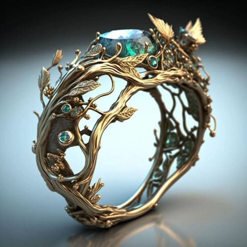Retro Forest-Style Vine Emerald Ring