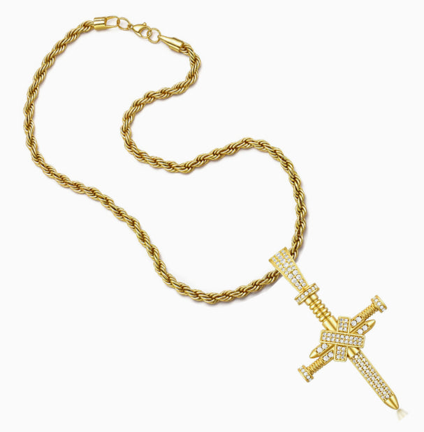 Full-Zircon Nail Cross Pendant Hip-Hop Vintage Punk Cross Necklace