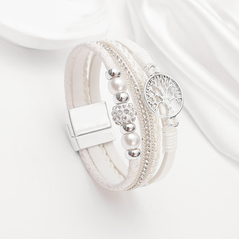 Drilled-bead Multi-layer PU Leather Braided Magnetic-clasp Bracelet
