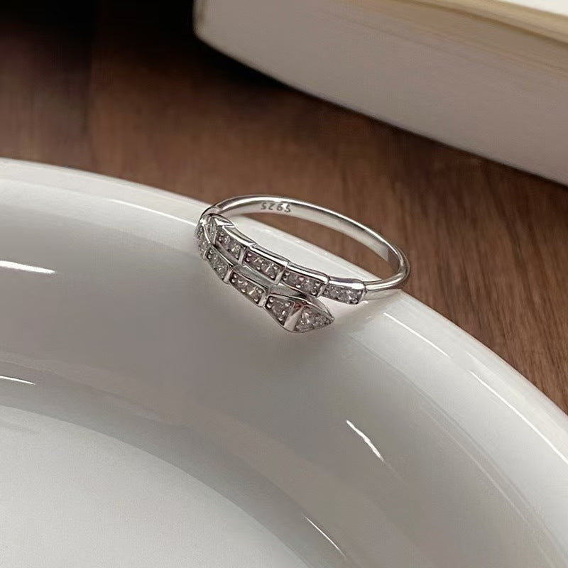 S925 Sterling Silver Sparkling Zircon Spirit Snake Ring For Women, Premium Open Ring, Simple & Versatile, Light Luxury Niche Design Finger Ring
