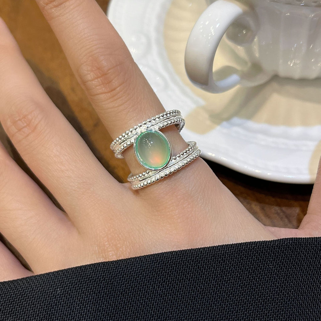 S925 Sterling Silver Retro Green Double-Strand Ring For Women Open-End Adjustable