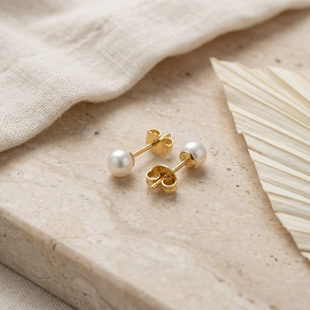 925 Sterling Silver Elegant White Pearl Stud Earrings with S925 Sterling Silver Posts for Women