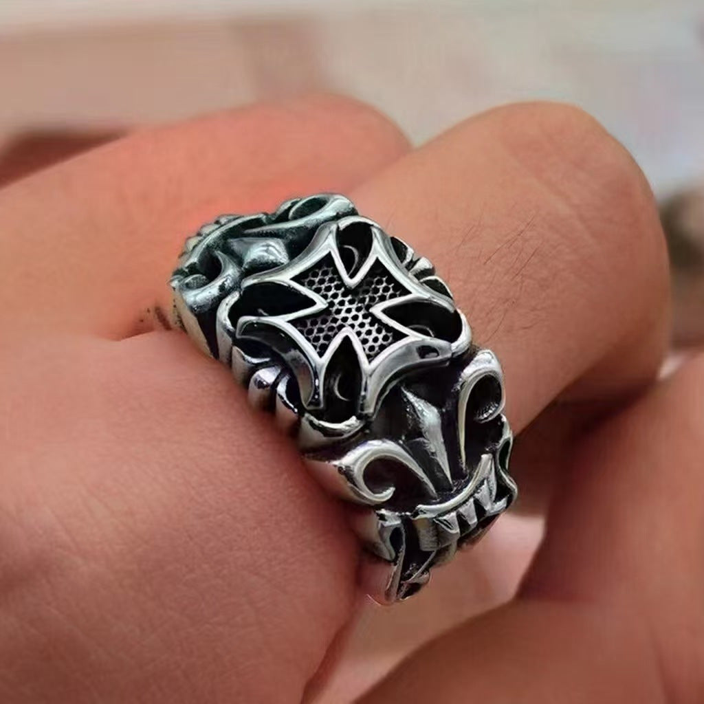 Vintage Malteserkreuz Bikerring, zweifarbiger Gothic verstellbarer Statement-Ring, Punk Rock Heavy Ring für Herren