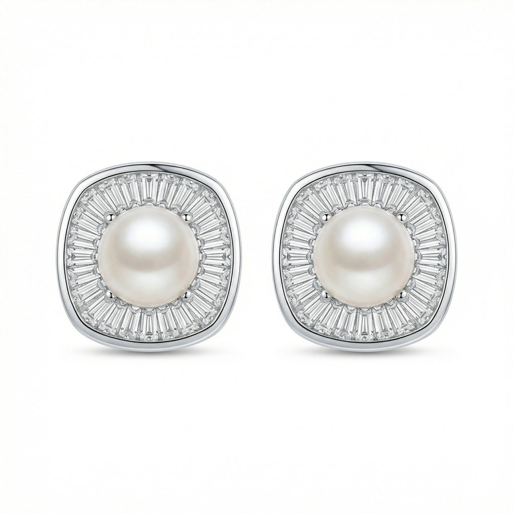 925 Sterling Silver Radiant Pearl and Tapered Baguette CZ Cushion Halo Stud Earrings