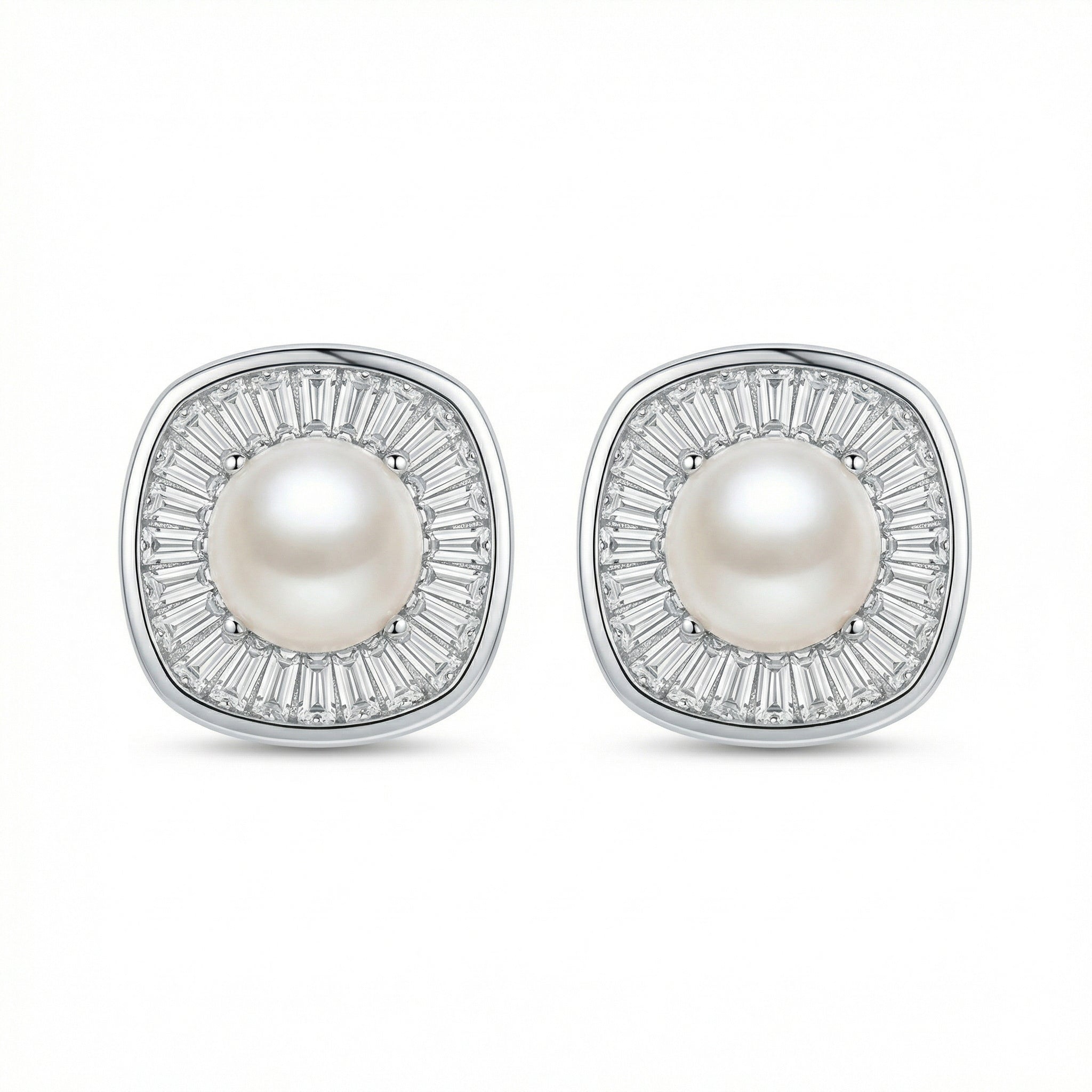 925 Sterling Silver Radiant Pearl and Tapered Baguette CZ Cushion Halo Stud Earrings