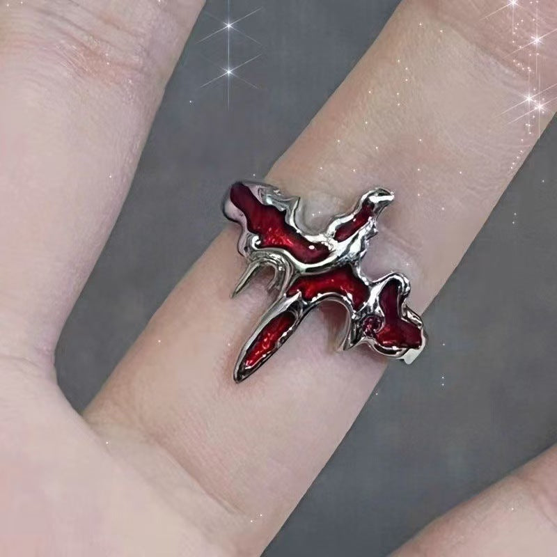 Gotischer Kreuzring mit roten Zirkonen - Y2K Subkultur Schmuck