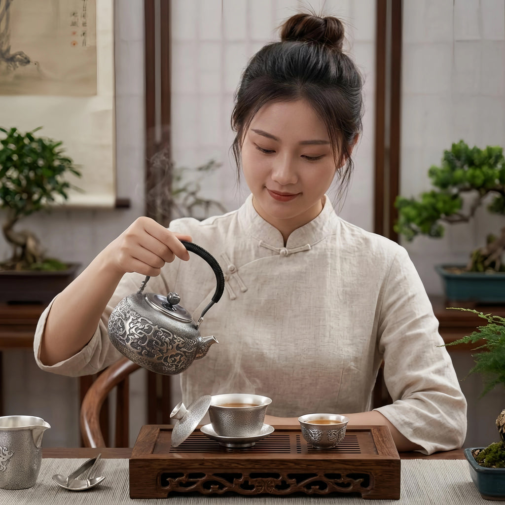 Pure 999 Fine Silver Elegant  Teapot with Intricate Cloud Patterns and Coiled Black Handle-Fine large teapot - Handicraft