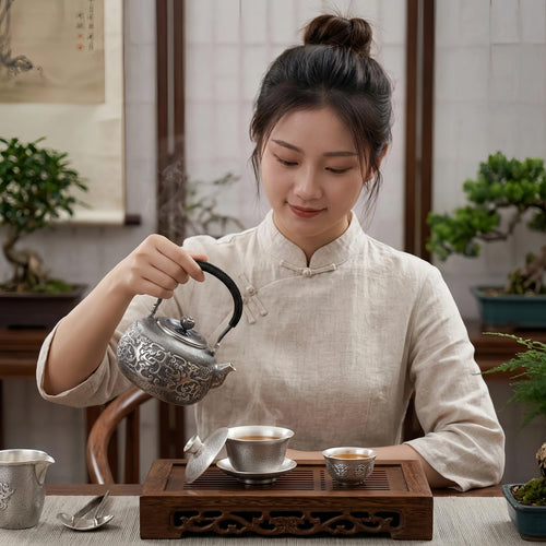 Pure 999 Fine Silver Elegant  Teapot with Intricate Cloud Patterns and Coiled Black Handle-Fine large teapot - Handicraft