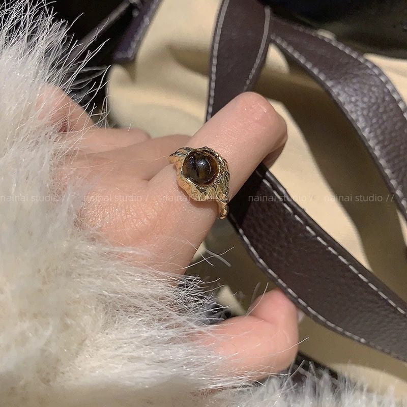 Vintage Tigerauge Offener Ring für Damen, Maillard Retro Nischen Design High-End Zeigefingerring