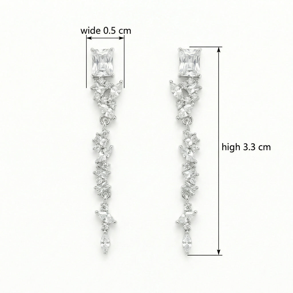 925 Sterling Silver Elegant Silver Crystal Dangle Earrings with Marquise and Radiant Cut Stones for Bridal Wear