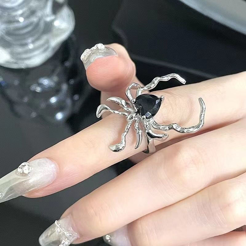 Dunkler Retro Schwarz Edelstein Spinne Nagelring, Nische Design Fortschrittlicher Cooler Stil Offener Verstellbarer Ring