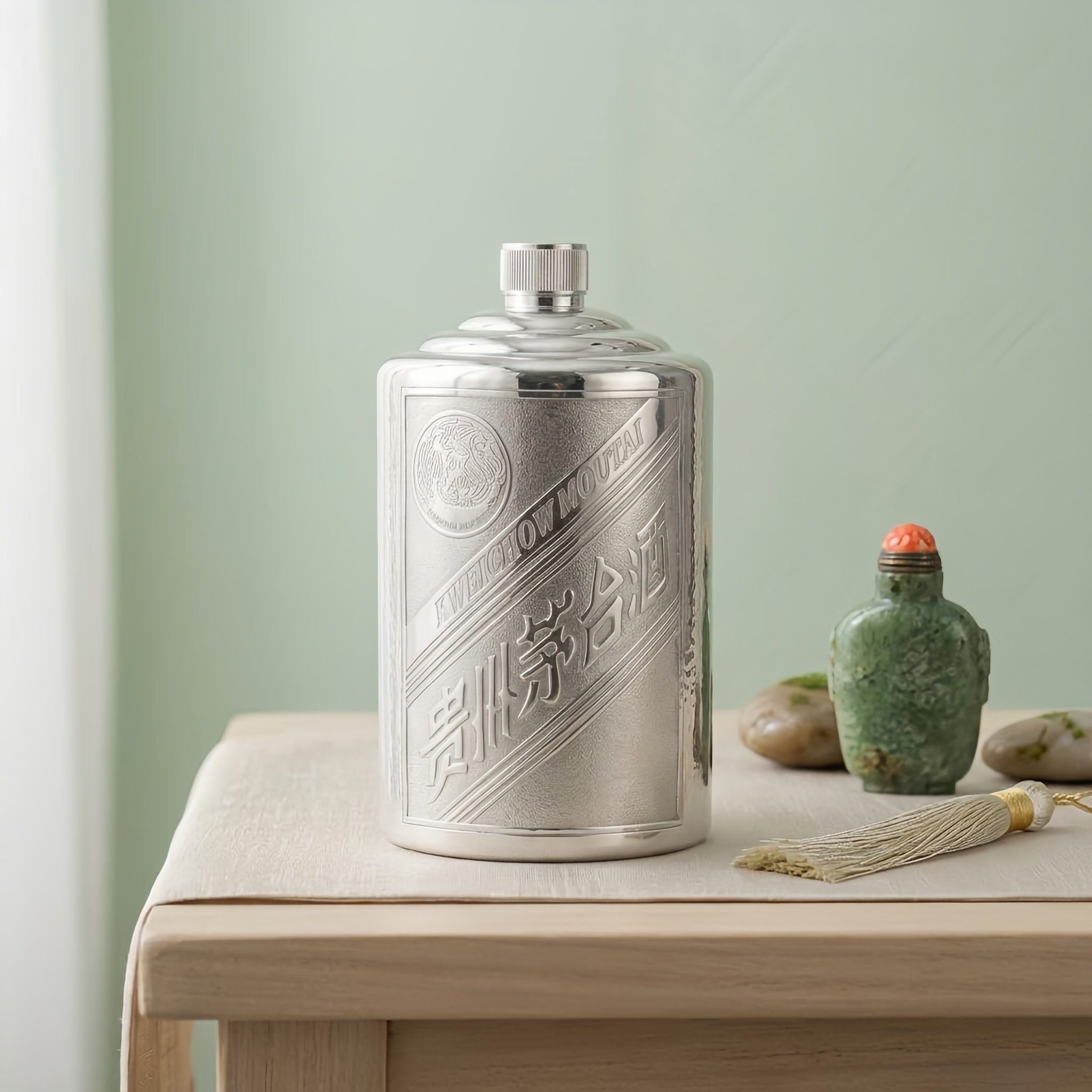 Pure 999 Fine Silver Premium Metallic Kweichow Moutai Flask with Engraved Traditional Labeling - Handicraft