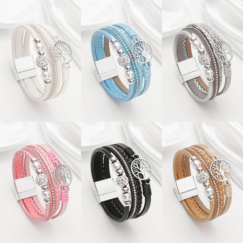 Drilled-bead Multi-layer PU Leather Braided Magnetic-clasp Bracelet