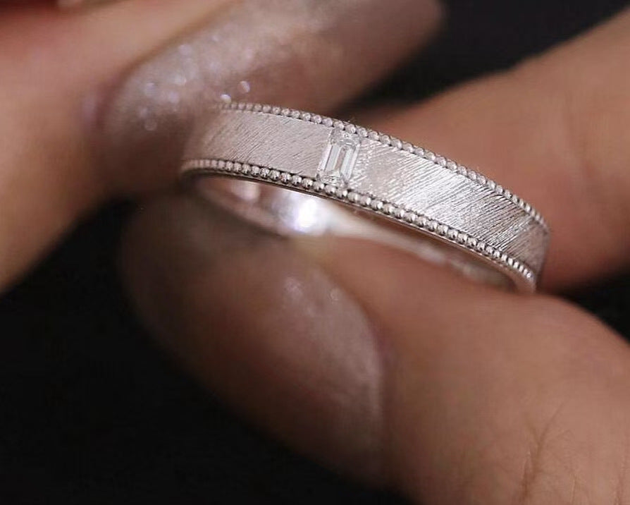 Vintage Baguette-Schliff Zirkonia Bandring, strukturierter Milgrain-Rand versilbert Statement-Ring für Damen