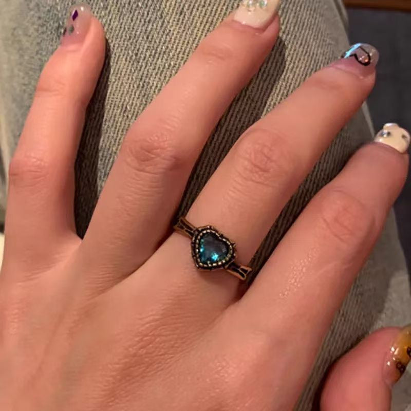 Vintage Distressed Kette Blauer Zirkon Offener Ring, Unisex Nischenschmuck