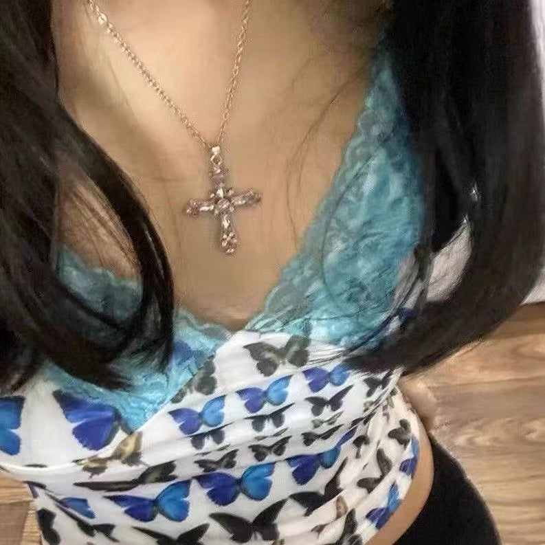 Gothic Cross Pendant Necklace For Women, Y2K Heavy Duty Bling Rhinestone Clavicle Chain, Vintage Punk Hip Hop Trendy Streetwear Jewelry