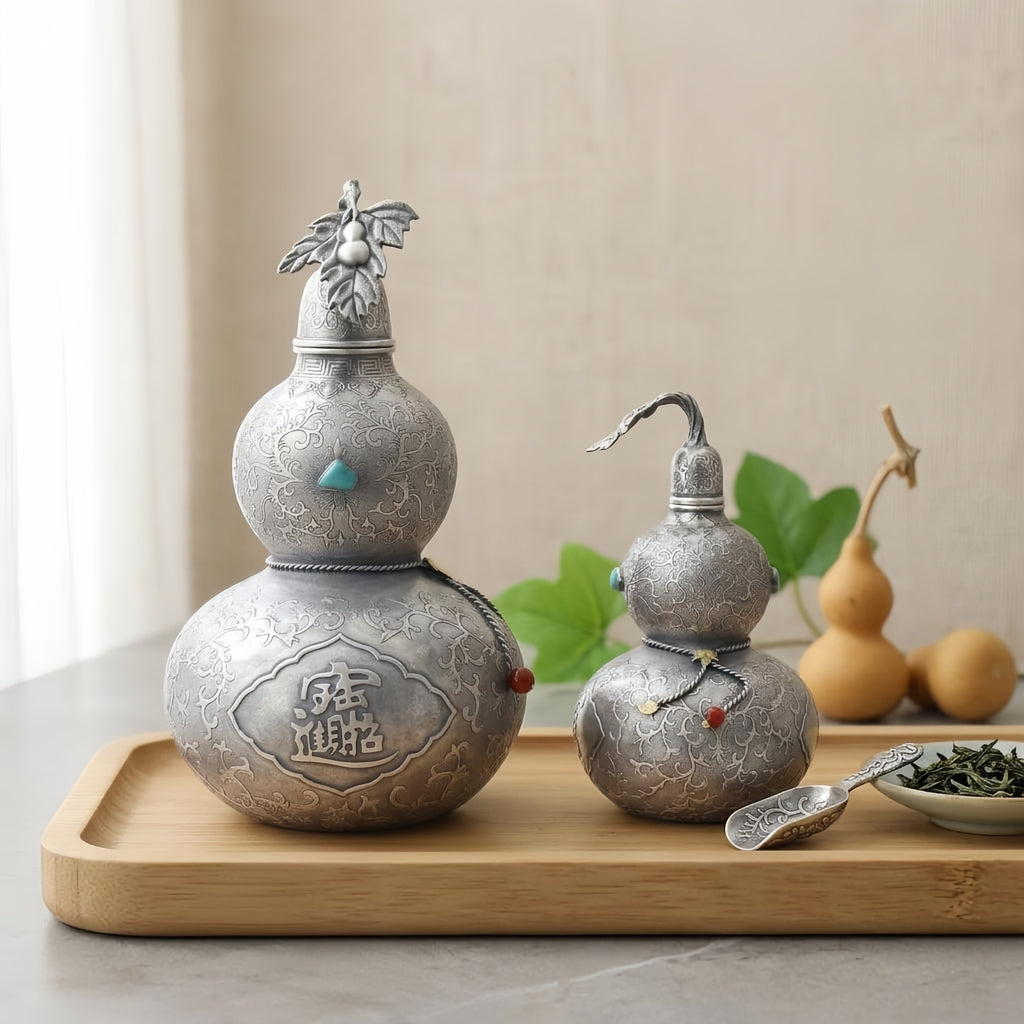Pure 999 Fine Silver Ornate Silver-Tone Gourd Containers with Turquoise and Traditional Chinese Prosperity Engravings - Handicraft