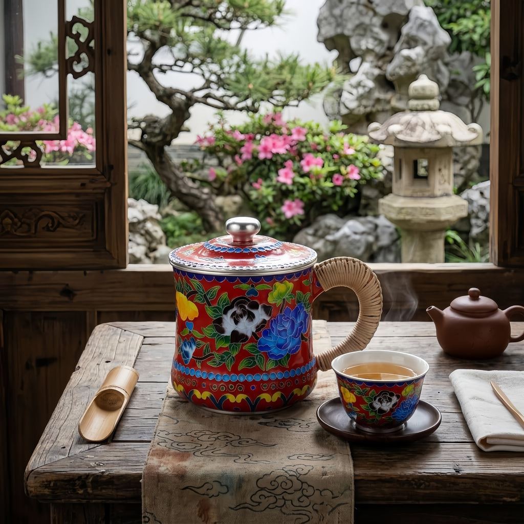 925 Sterling Silver Handcrafted Enamel Tea Cup with Bamboo Handle and Vibrant Floral Design-Premium Indigo Tea Mug - Handicraft