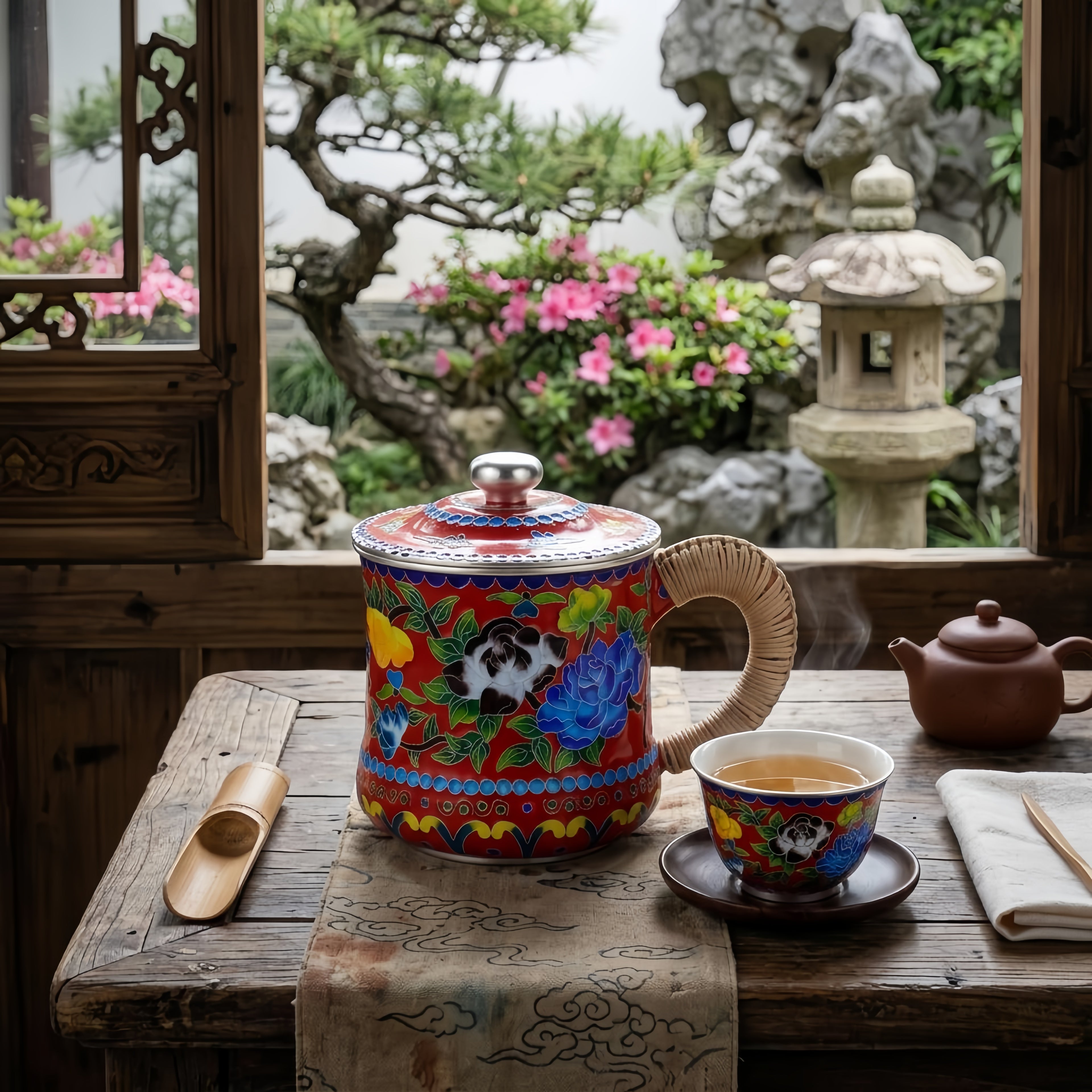 925 Sterling Silver Handcrafted Enamel Tea Cup with Bamboo Handle and Vibrant Floral Design-Premium Indigo Tea Mug - Handicraft