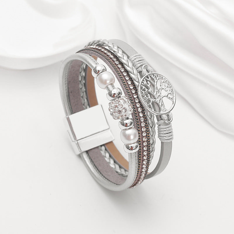 Drilled-bead Multi-layer PU Leather Braided Magnetic-clasp Bracelet