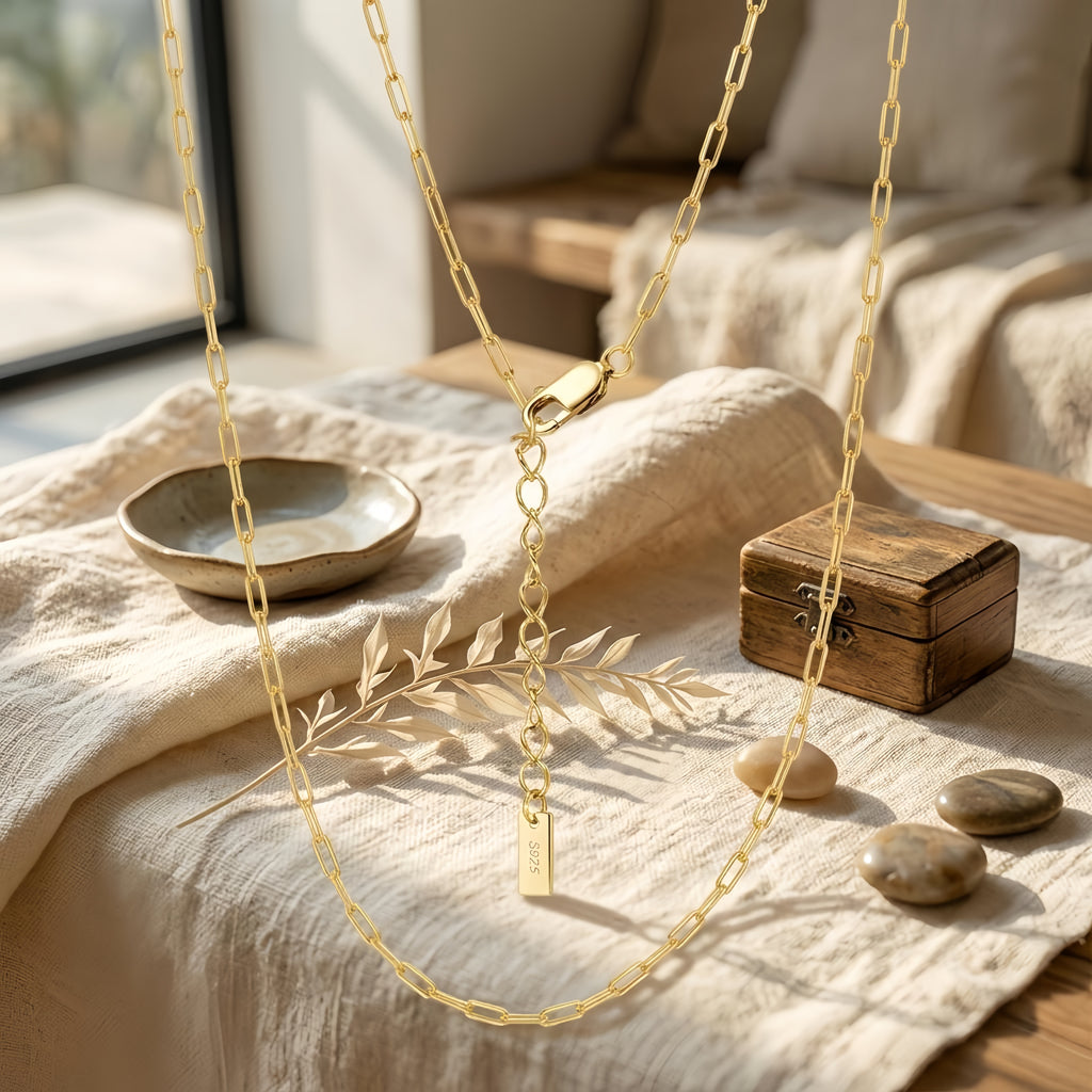 925 Sterling Silver Elegant Gold Paperclip Chain Necklace with Adjustable Length and Lobster Clasp